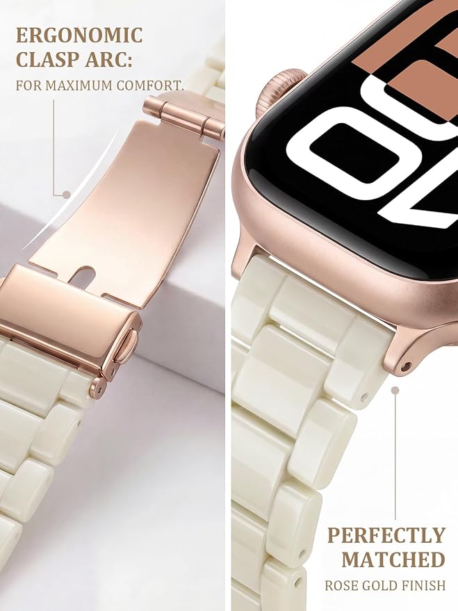 V-MORO Resin Bands Compatible with Apple Watch Series 11/10/9/8/7 45/46mm Rose Gold Buckle Lightweight Jewelry Fashion Strap Bracelet for iwatch Series SE/6/5/4/3/2/1(Buttercream,42/44/45/46/49mm)