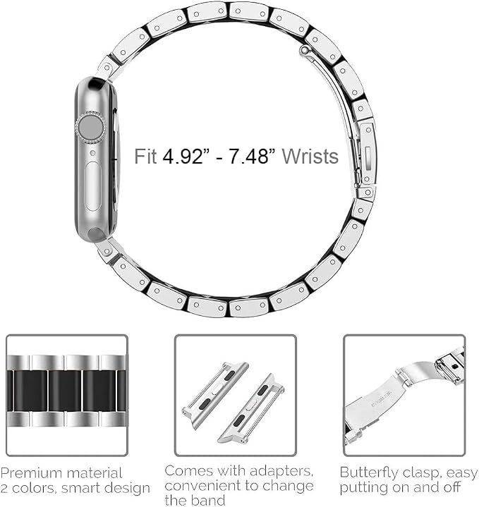 Wearlizer Compatible with Apple Watch Bands 38/40/41/42mm Mens Womens Replacement Strap Silver Stainless Steel & Black Resin Wristband Fashion Metal iWatch Series 11 10 9 8 7 6 5 4 3 SE/Ultra 3 2 1