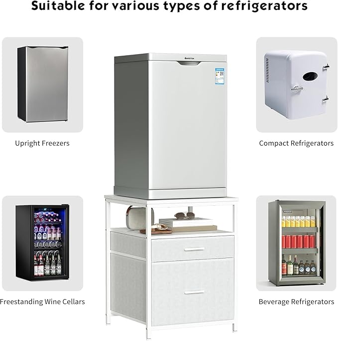 Herture Mini Fridge Stand with 3 Storage, Mini Fridge Cabinet, Beverage Fridge Table, Heavy Duty 21.3" L* 22.7" W Tabletop, for Dorm, Apartment,Office, Bedroom White HB01BXW