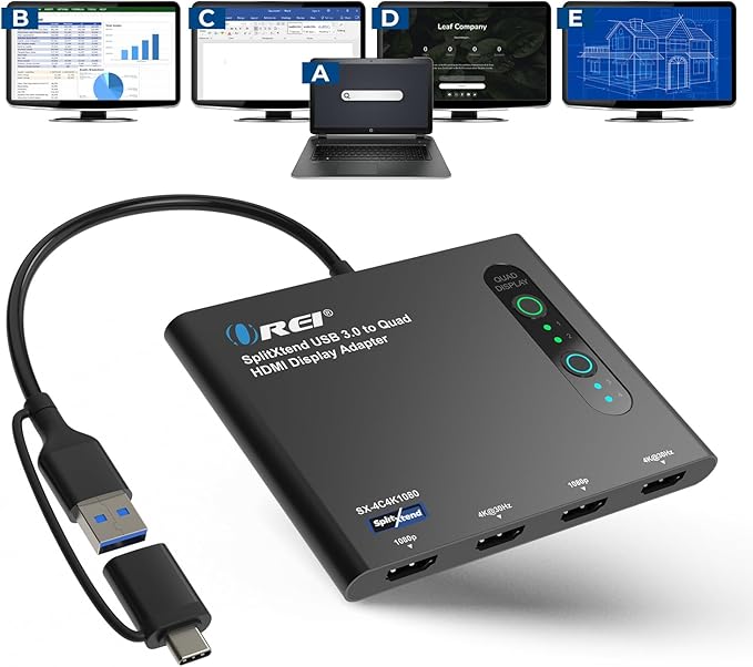 OREI SplitExtend HDMI Splitter Extended Display for Quad Monitor - Laptop Multiple Monitor Adapter with 4 Displays - USB-C to HDMI Adapter, 2X 4K@30Hz & 2X 1080p - Drivers Required - Windows/Mac