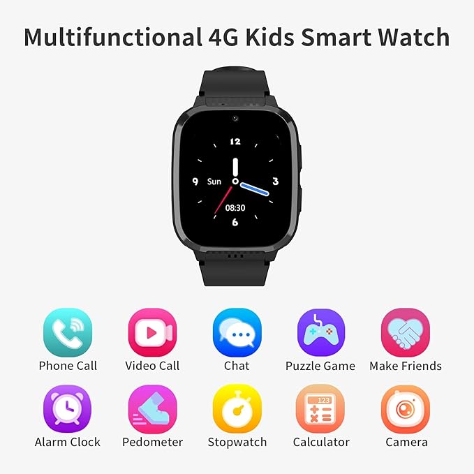 4G Kids Smart Watch Boys with GPS Tracker & Call Phone, Smart Watch for Kids Age 5-12 with SOS Calling, School Mode Parental Controls 12/24 Hr Text Message HD Video Call Voice Chat (Black)