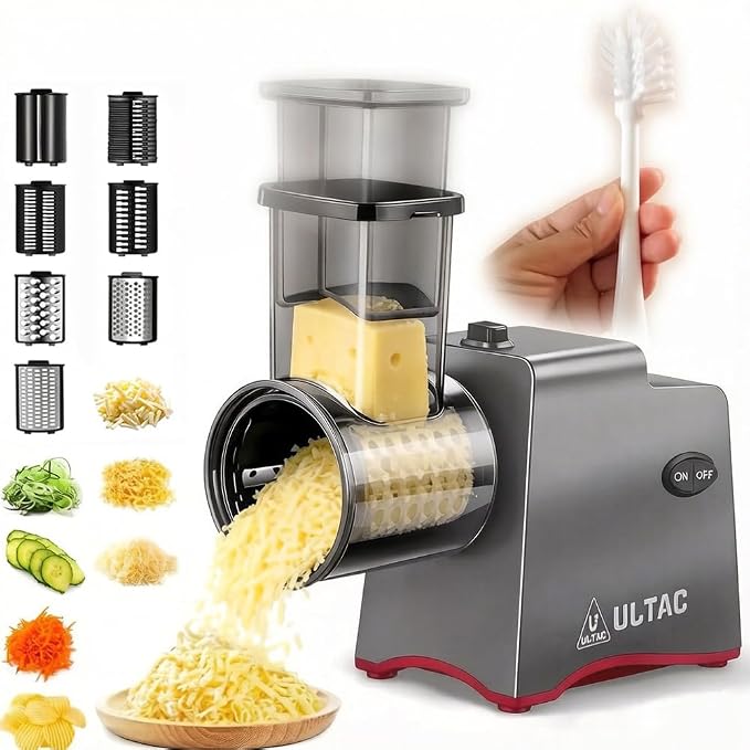 Cheese Grater Electric, Electric Grater 250W for Block Cheese with 7 Different Blades, Electric Cheese Shredder, Electric Salad Maker with Cleaning Brush for Fruits, Vegetables