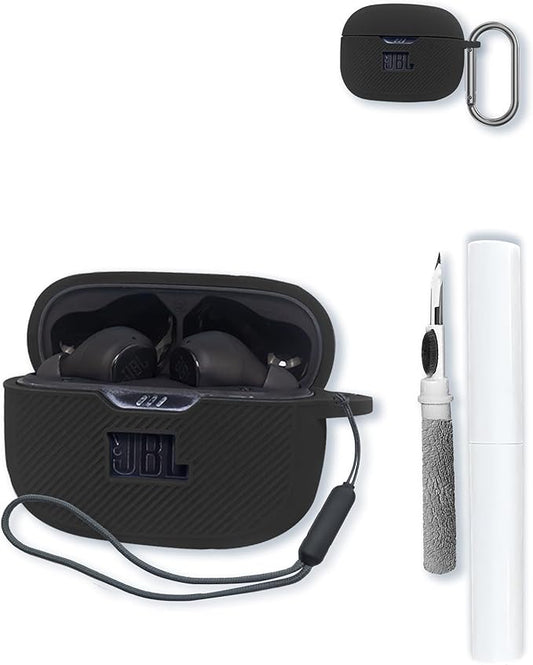 Case for JBL Vibe Beam Wireless Earbuds,Soft Protective,BOVUGAC Silicone Case Cover with Keychain & Cleaning Kit & Lanyard for JBL Vibe Beam Earbuds-Black