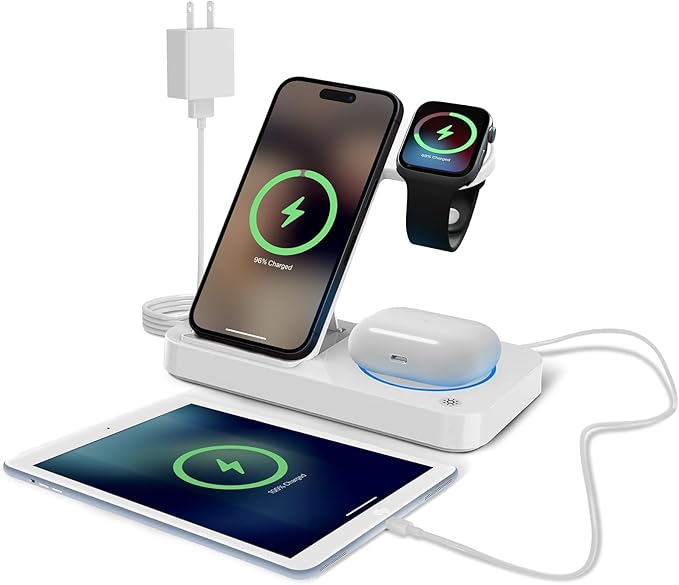 4 in 1 Wireless Charging Station for iPhone, Apple Watch & AirPods - Wireless Charger for iPhone Series 16/15/14/13/12 - Apple iWatch Series 7/9/8 with Extra USB Port & Foldable Design – White