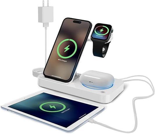4 in 1 Wireless Charging Station for iPhone, Apple Watch & AirPods - Wireless Charger for iPhone Series 16/15/14/13/12 - Apple iWatch Series 7/9/8 with Extra USB Port & Foldable Design – White