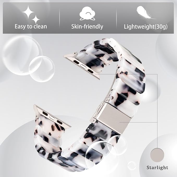 V-MORO Resin Band Compatible with Apple Watch Series 7/8/9/10 41mm/40mm/38mm/42mm Fashion Strap for iWatch Series 6/5/4/3/2/1/SE/SE2 Lightweight Bracelet Wristband Women Men(Classic Ivory Tortoise)