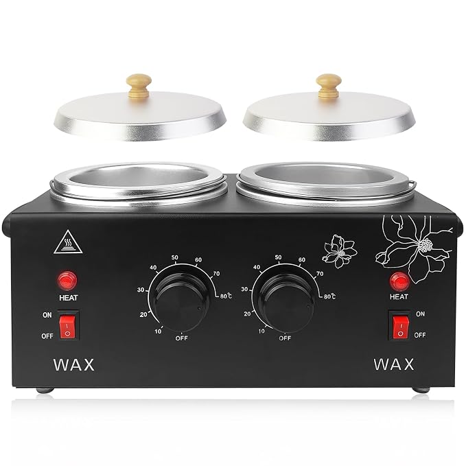 Wax Warmer for Hair Removal, Professional Waxing Heater Pot with Adjustable Temperature for Women Men, with 20 Wooden Wax Sticks (Black-Double Pots)