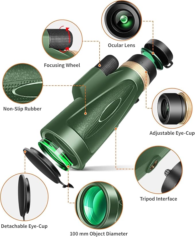 Monocular Telescope 80x100 High Power with Smartphone Adapter Tripod, Wide Field Monoculars for Adults with BAK4 Prism & FMC Lens, for Bird Watching Hiking Camping Wildlife-Green