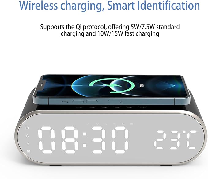 15W Fast Wireless Charging Pad Compatible with Qi-Enabled Phones, 5W/7.5W/10W Standard Charging Modes, Temperature Display & Alarm Clock for Bedside Desk, W628 White.
