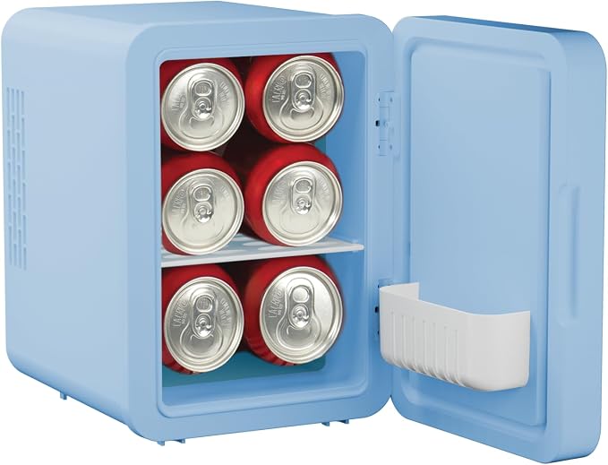 ELLE 4L Mini Cooler Fridge with LED Makeup Mirror for Skincare & Cosmetic Storage Cooler & Warmer Removable Shelf Carrying Handle AC DC Power Options Small Refrigerator for Bedroom Car Office Blue