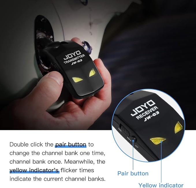 JOYO 2.4GHz Wireless Guitar System Rechargeable Transmitter and Receiver 4 Selectable Channels, 5ms Low Latency, 65ft Range, Up to 8 Hour Battery for Electric Guitar, Bass & Acoustic (JW-03)