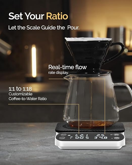 Maestri House S3 Coffee Scale with Timer, 3kg/0.1g Rechargeable Pour Over Coffee Scale, 3 Brew Modes, Adjustable Brew Ratios & Flow Rate Display, Scale for Pour Over, Espresso & French Press-White