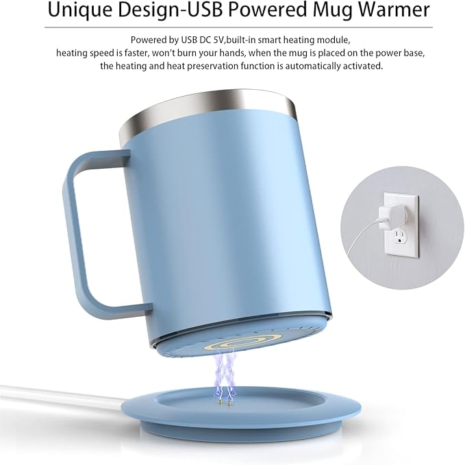 Heated Coffee Mug, Self Heating Electric Mug 131°F, USB Powered Coffee Cup with Auto Shut-Off, Double Wall Stainless Steel Mug for Desk Office Home(Cerulean-12oz)