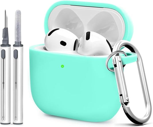 for Airpods 4th Case Cover, Come with Cleaner Kit,Soft Skin Silicone Case Cover with Keychain, Front LED Visibl, Full Protective Case，Compatible with AirPods 4th(Mint Green)