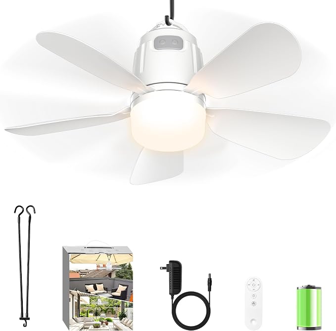 Canopy Fan 20.5'', 20000mAh Portable Outdoor Ceiling Fan with Light with Remote Control and Extension Hook, Easy Operation Battery Powered Fan Light for Gazebo, Tent , Patio, Camping (20.5 inch)