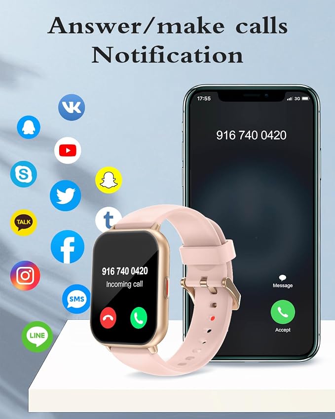 RUIMEN Smart Watches for Women Men (Answer/Make Calls, 2 Bands Included), 1.8" Smartwatch for iOS/Android Phones, Fitness Tracker Heart Rate/Sleep Monitor Digital Watch Waterproof (Pink)