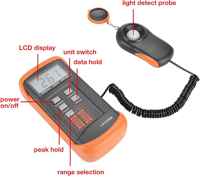 Light Meter, LX1330B Digital Luxmeter, LCD Display Light Meter Photometer Tester, 0-200,000 Testing Illuminometer for Plants, Car Headlights, Home & Office LEDs