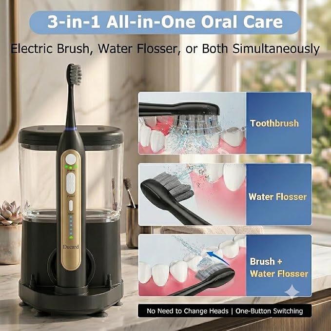 Electric Toothbrush with Water Flosser, Upgraded Flossing Toothbrush Combo for Adults, 5 Speeds & 3 Modes, 30 Days/Charge for Teeth Cleaning and Plaque Removal, Sensitive Teeth & Dental Implants-500ML