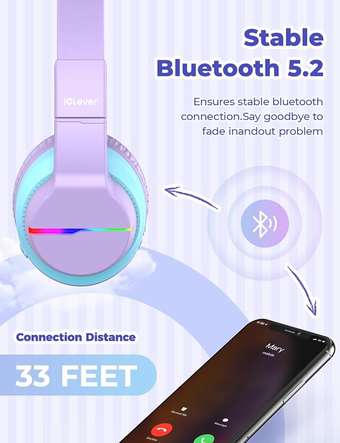 iClever BTH12 Kids Bluetooth Headphones,Colorful LED Lights Kids Headphones Wireless,74/85dBA Safe Volume,85H Playtime,Fast Charging,Bluetooth 5.2,Over Ear,Built-in Mic for iPad/Tablet/Airplane,Purple