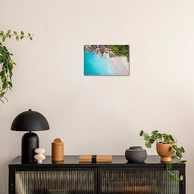 ART.COM Stretched Canvas Print Tropical Beach with Sea and Palm Taken from Drone. Seychelles Famous Shark Beach - Aerial Photo by IM_photo, 24" x 16"