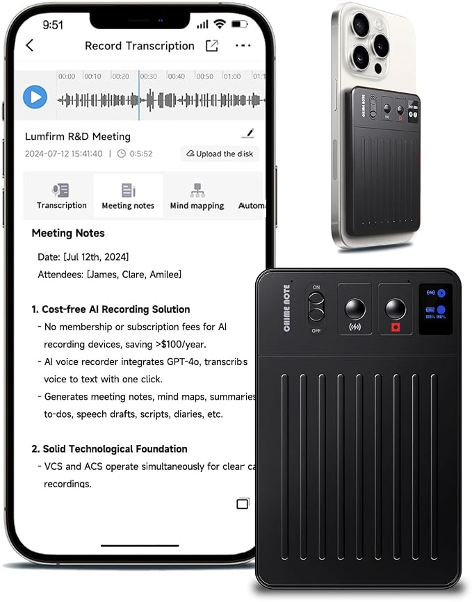 Note AI Voice Recorder, No Fees ChatGPT Transcription/Summary & 30 Smart Templates, App/Web Sync Voice to Text Recorder with 107 Languages & 64GB Memory, Ideal for Work, Lectures, Meetings, Calls