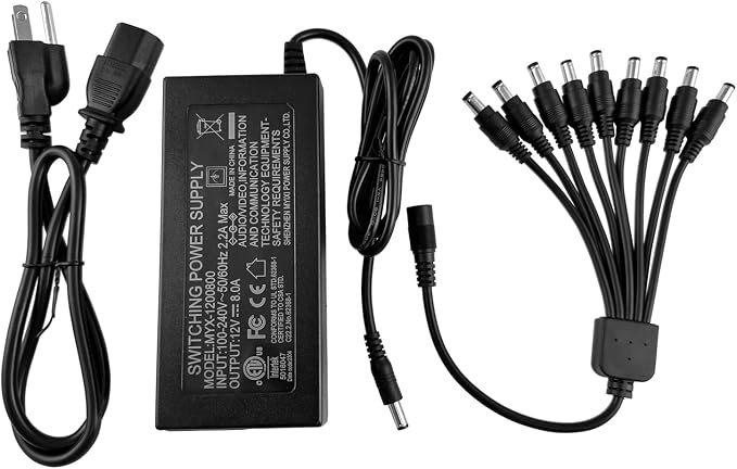 TIGERSECU 12V 8A Power Adapter for Security Cameras and DVRs, with 9-Way Splitter, 100V-240V, 2.1x5.5mm Power Supply, Compatible with Lorex, Night Owl, Swann, ZOSI, Reolink, Annke IP and BNC Cameras