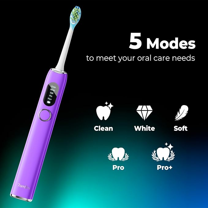 7AM2M Sonic Electric Toothbrush for Adults&Teens with LED Screen, 5 Modes, One Charge for 365 Days, 2 Minute Timer, with 8 Brush Heads and Travel Case (Purple)