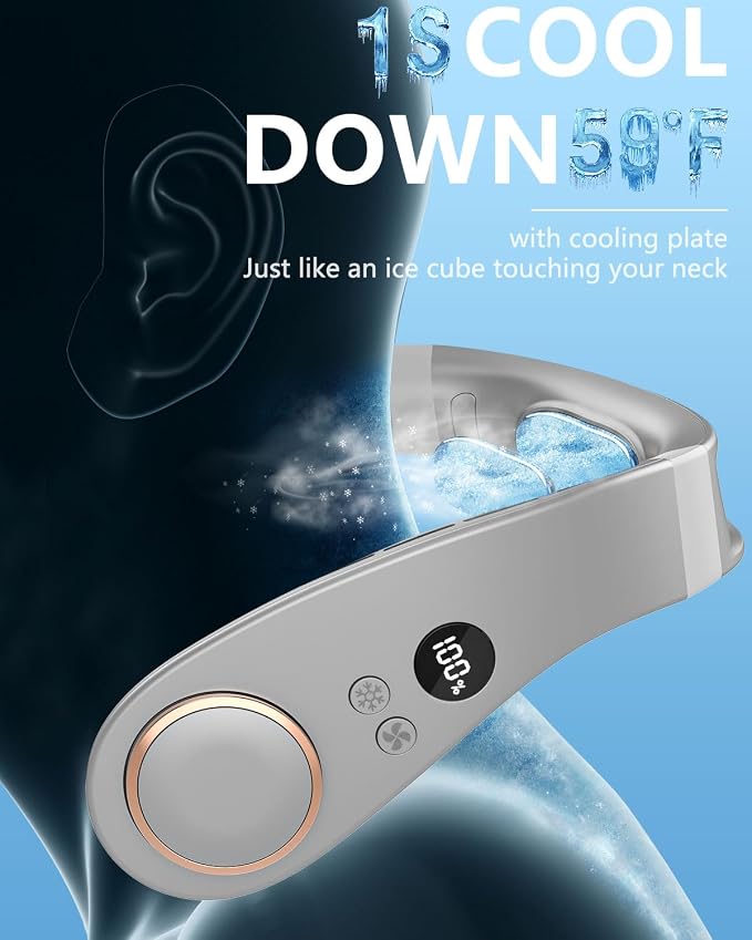 Neck Fan that Blow Cold Air with Cooling Plate, Portable Quiet Rechargeable 5500mAh, LED Display Battery &Speed Neck Cooler, Mini Cordless Personal Air Conditioner for Kid Adult Golf Gym Riding, Grey