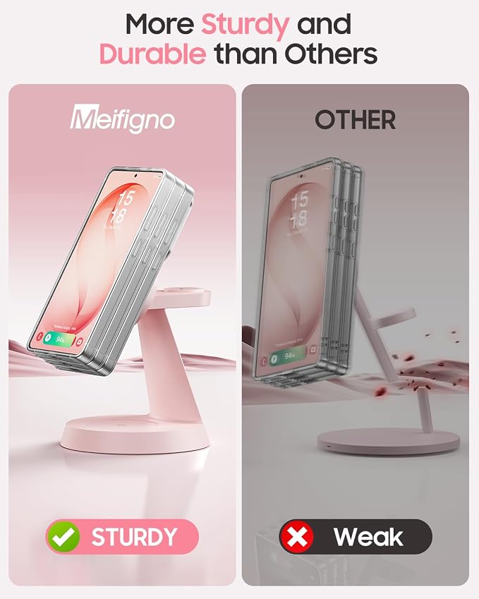 Meifigno Magnetic Wireless Charger for Samsung, 3 in 1 Charging Station Compatible with MagSafe Samsung Charger for Galaxy S26 Ultra S25 Z Fold7/Flip7, Charger Stand for Galaxy Watch Ultra 8 7, Pink
