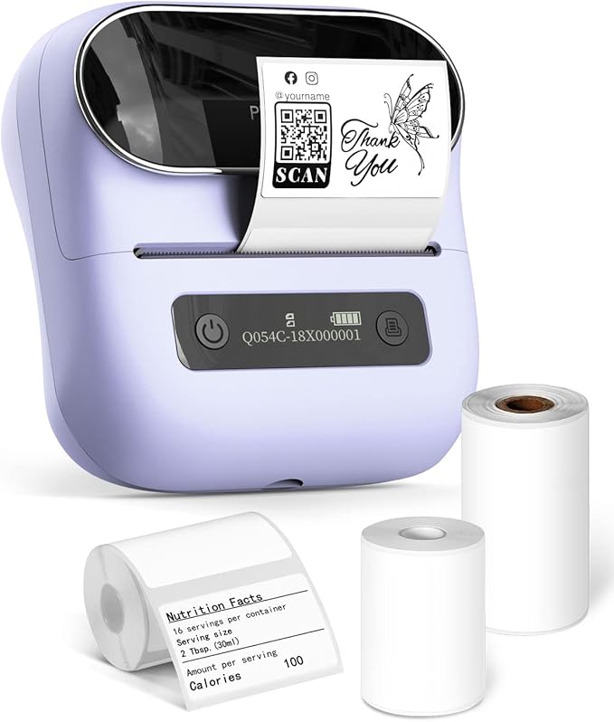 Phomemo M220 Label Maker Purple + with 4 Roll Label, 3.14 Inch Bluetooth Thermal Label Printer for Barcode, Address, Labeling, Mailing, File Folder Label, Easy to Use, Support Smartphone, Tablet&PC
