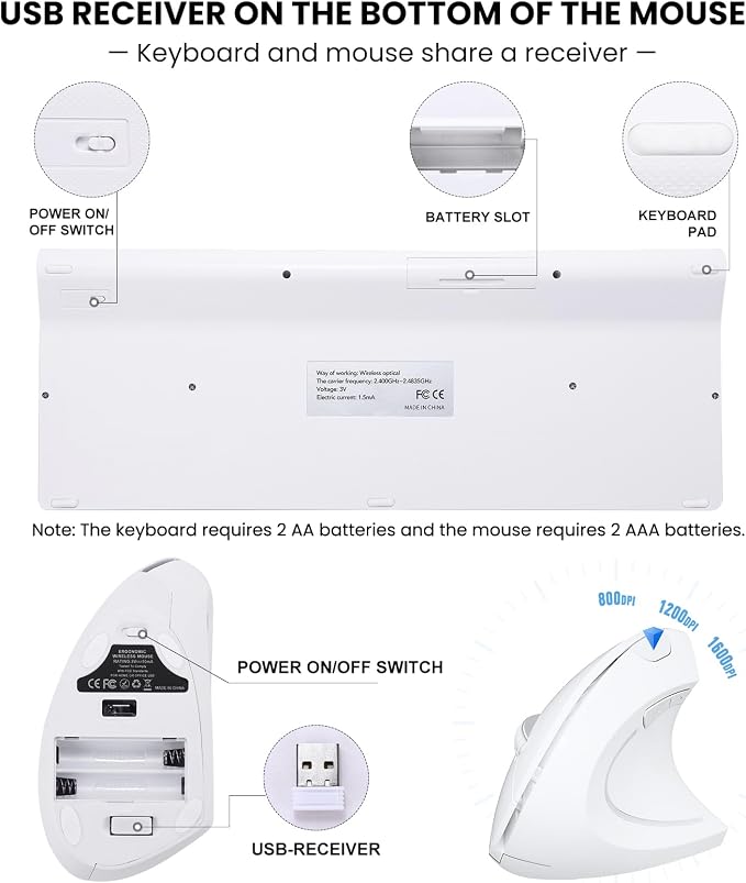 2.4GHz Wireless Vertical Ergonomic Mouse and Keyboard Combo Ultra-Thin Portable Size for PC Desktop Computer Laptop Mac Tablet (A) (Right) (White)