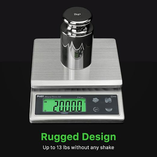 Polit Sun IP65 Waterproof Rechargeable Food Scale — 13lb/6kg High-Precision 0.5g HACCP Kitchen Scale with 150h Battery, Stainless Steel Platform & Green LCD for Seafood, Baking, Restaurant Prep