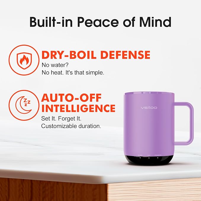 VSITOO S3 Plus 14oz Self Heating Coffee Mug with Auto-Sensing AI - Smart Rechargeable Heated Mug, Temperature Control 120-150℉, IPX7 Waterproof, Coffee Warmer Gift for Women Men-Purple