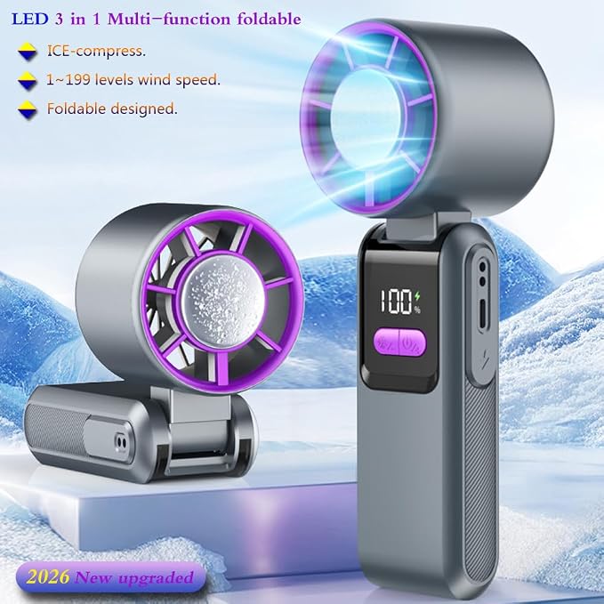 Portable and Foldable 3 in 1 mini ICE-Cooling high speed Turbo fan, 9W Led digital display of 1~199 levels wind speed and power,Brushless motor, Rechargeable dual colors housing(Grey and Purple)