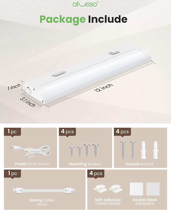 ALUSSO 12 Inch LED Under Cabinet Lighting Plug in 120V, 5CCT Color Selectable 2700K-5000K Dimmable 6W 480LM High Brightness, CRI 90+ Strip Linkable Under Counter Lights for Kitchen Sink, 1 Pack