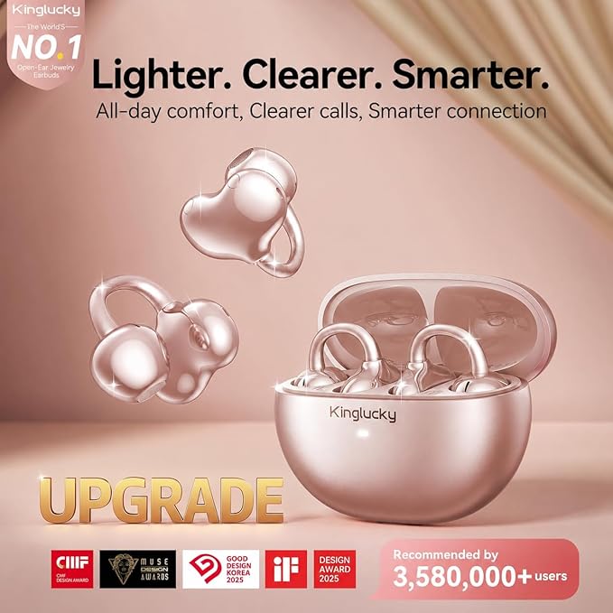 Kinglucky Upgraded Clip-On Earbuds Bluetooth 6.0 Wireless Headphones Open Ear Buds Comfortable Fit & Crystal-Clear Sound, 40H Playtime for Women & Kids Ideal for Small Ears, Sports, Glasses Rose Gold