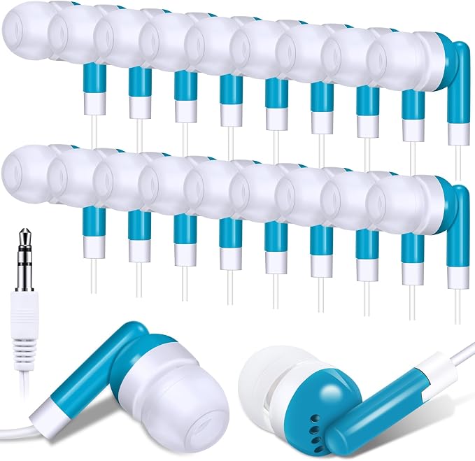 Konohan 25 Pcs Bulk Earbuds with Wire Basic Headphones in Ear for Libraries Laptop, No Microphone 3.5 mm Jack Earbuds Dot Headphones, Individually Bagged (Sky Blue)