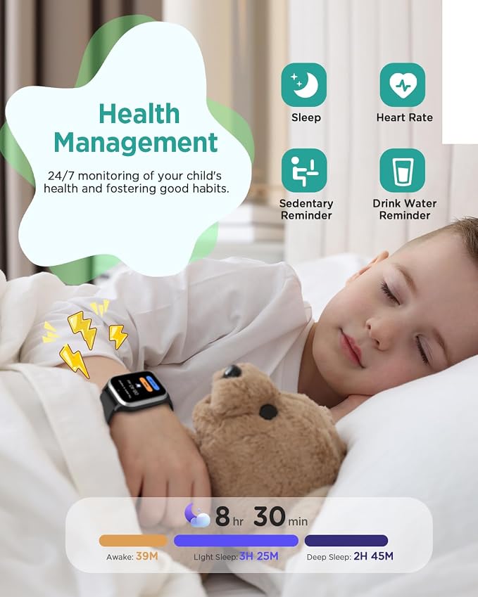 Smart Watch for Kids NO APP/Phone, 1.52" Fitness Tracker Watch Pedometer, Heart Rate, Flashlight, Video Camera, Puzzle Games, Sleep Monitor, IP68 Waterproof, Gift for Boys Girls 5-16,Black