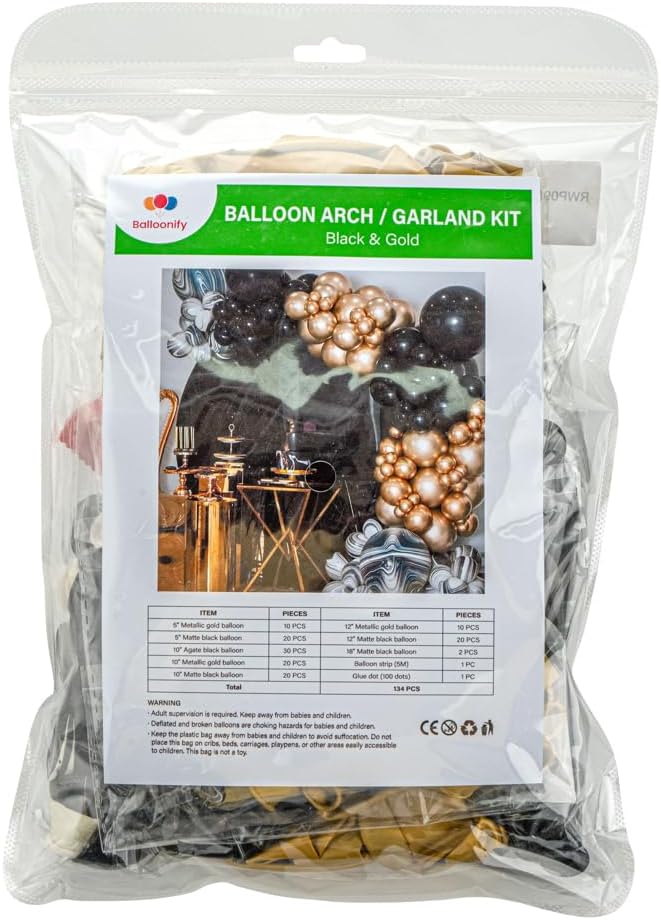 Restaurantware-Balloonify Balloon Garland Set, 1 Party Decoration Kit - 132 Balloons, With Chain, Black & Gold Latex Balloon Arch Kit, Includes Glue Dots