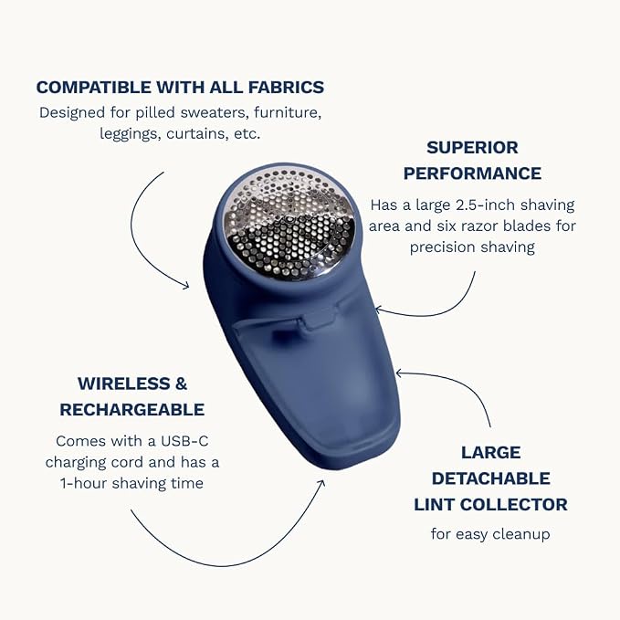 Nori Trim Fabric Shaver - Lint Remover for Clothes & Furniture Couch Pilling - Sweater Pill Remover - Clothes Shaver with 6 Precision Blades - Wireless and Rechargeable - Navy