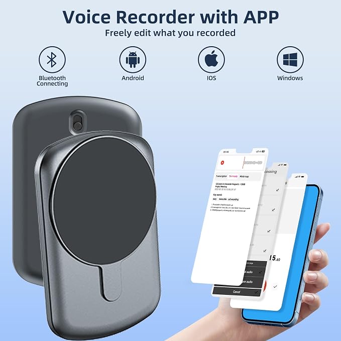 AI Note Taker Transcription with APP 128GB Voice Recorder for Phone Call | Magnetic Audio Recording Device, Portable Transcriber, Digital Recorder for Note Taking, Lectures, Meetings, Classroom