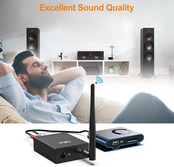 1Mii 2.4Ghz (1 TX + 1 RX) Wireless Audio Transmitter Receiver for TV, 320ft Long Range 20ms Low Delay HiFi Audio, Wireless Adapter Kit for Powered Speaker/Stereo, RCA(3.5mm AUX) Out/Input