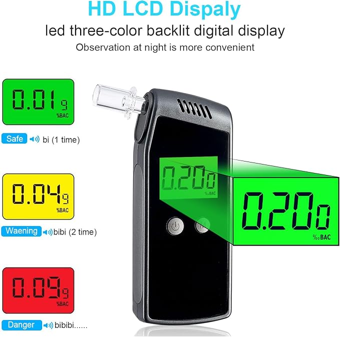 Breathalyzer, Home Alcohol Tester with LCD Digital Display,Portable Breathalyzer for Personal & Party Use with 10 Replaceable Mouthpieces（Black)