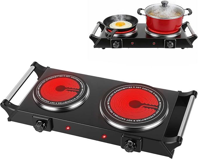 1800W Electric Double Burner, Portable Electric Stove, Hot Plate Countertop with Adjustable Temperature & Stay Cool Handles for RV Camping Home Dorm