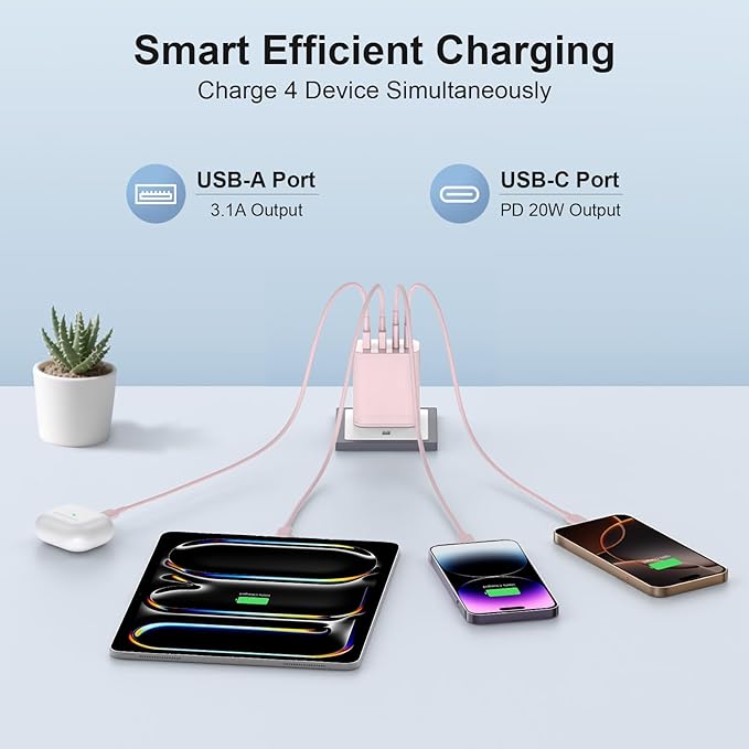 40W USB C Charger Block, iPhone 17 16 15 Charger Fast Charging,2-Pack 4-Port Fast Charging Block with 10FT Type C Cable Multiport Power Block for iPhone Air/iPhone17/16/15 Pro Max/iPad/Samsung(Pink)