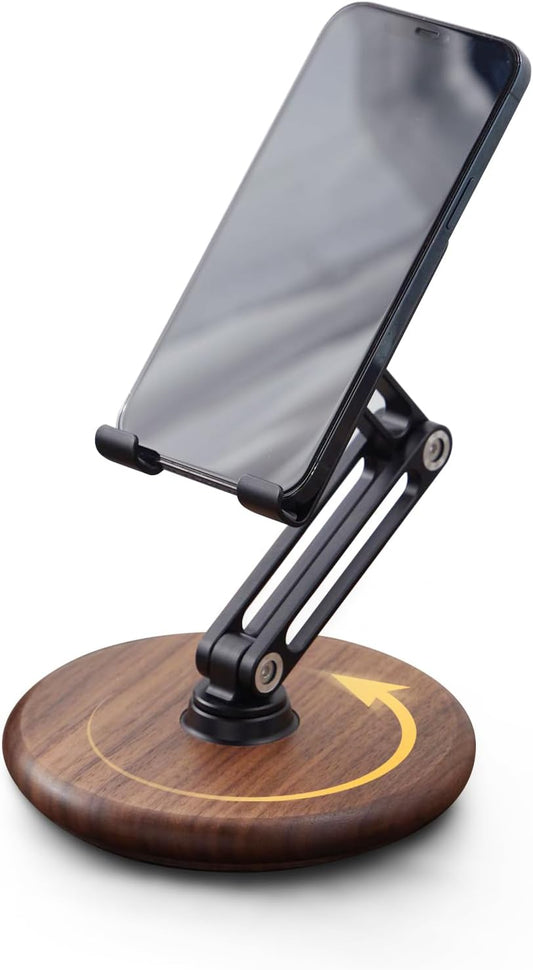 RENMTURE Phone Desk Stand, Adjustable Foldable Cell Phone Stand with 360° Rotation for iPhone 16 15 14 13 Pro ipad, Mobile Phones & Tablets Stable, Ergonomic Holder for Home Office, Walnut Wood Base