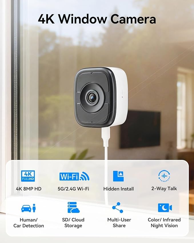 LongPlus 8MP 4K Window Camera 2 Pack, 2.4/5GHz WiFi Safeview Camera with Night Vision, Indoor Window Cameras for Home Security, Human/Car Detection, 24/7 Recording, No Drill Installation
