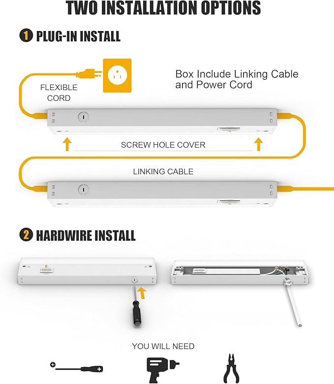 Under Cabinet Lighting Hardwired & Plug-in, 12 inch 3CCT Dimmable Linkable Under Counter Lights for Kitchen,with Power Cord and Linked Cord, CRI 97, 120V,8W,700Lm, White