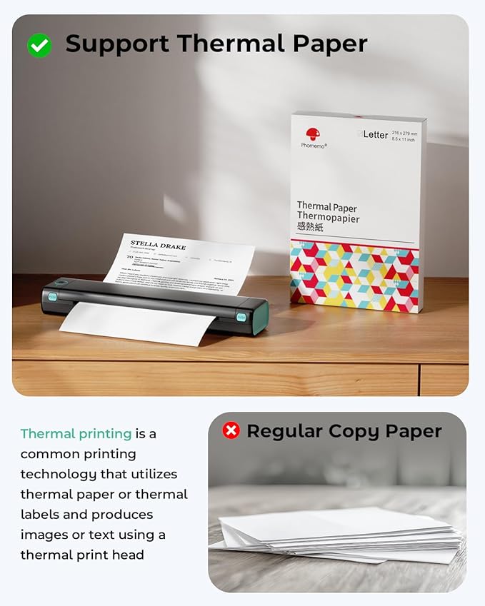 Phomemo Portable Printers Wireless for Travel, M08F Thermal Bluetooth Printer Support for 8.5"x11" US Letter, Small Inkless Printer Compatible with iOS, Android, Laptop for Car, Office, Home
