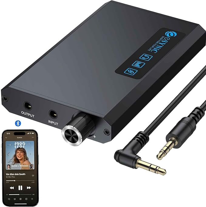 eSynic Bluetooth 5.1 Receiver Headphone Amplifier Portable-1500mAH Rechargeable 3.5MM Headphone Amp-16-300Ω-Two-Stage Gain Switch-Compact-Aluminum Matte Surface-for Phone/Car Aux/CD Players
